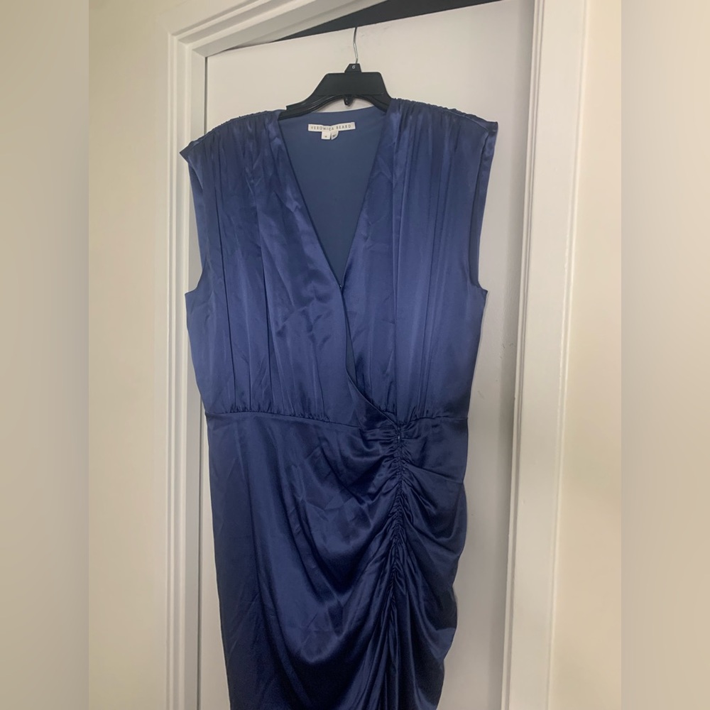 Veronica Beard Blue Satin Asymmetrical Ruched Dress Flawed - Picture 6 of 12